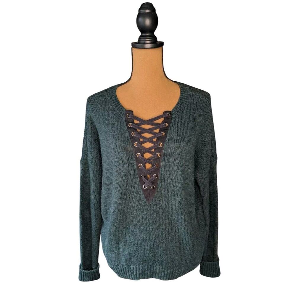 Express Sweater PS Mohair Wool Oversized Lace Up Forest Green Whimsygoth Pixie